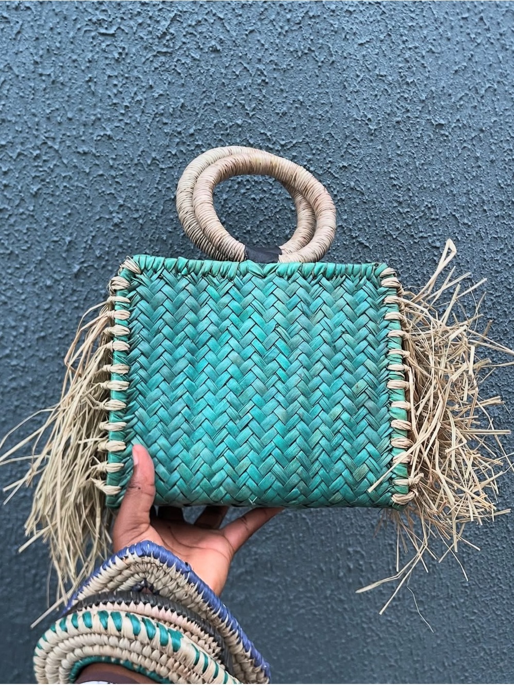 Teal Handwoven Mini Raffia Bag with Natural Ring Handles